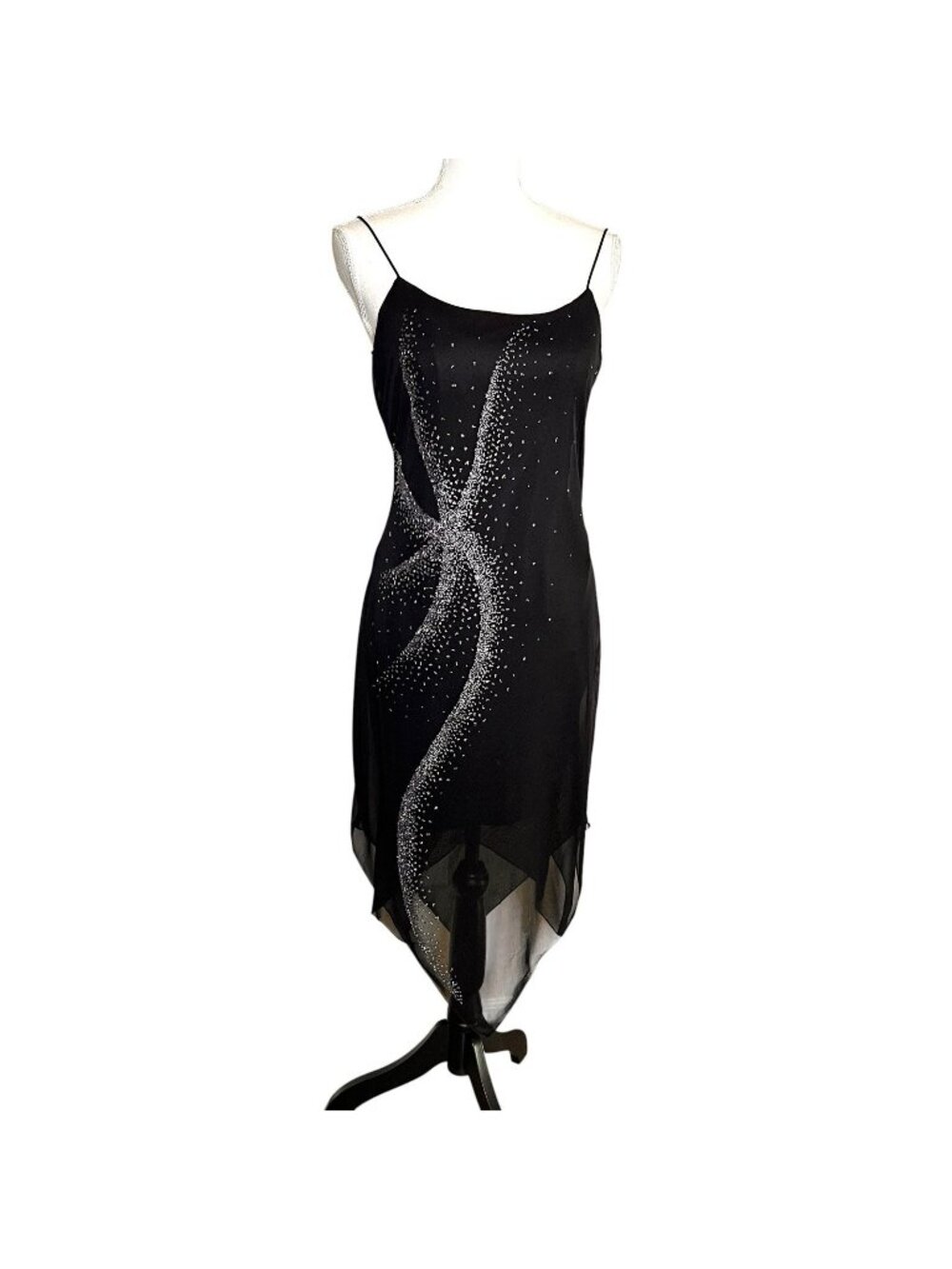 Y2K IZ Byer California Black Beaded Slip Dress Sheer Overlay Handkerchief Hem S